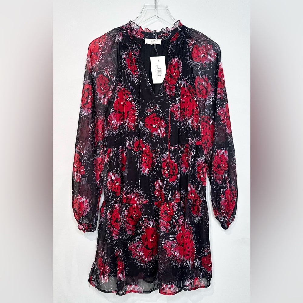 Entro Lisbon Abstract Black Red Chiffon Floral Long Sleeve Tunic Dress NWT